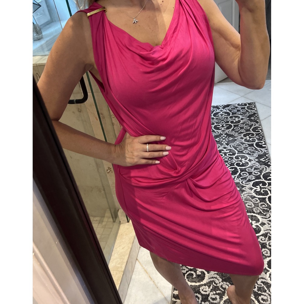 Michael Michael Kors Hot Pink Grecian Twist Cowl Neck Shirt Dress L Large Logo